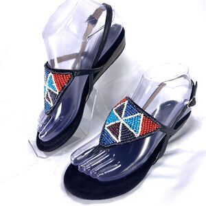 Muk-Luks Slingback Sandals Womens size 6 Black Multi Beaded Low Wedge Southwest